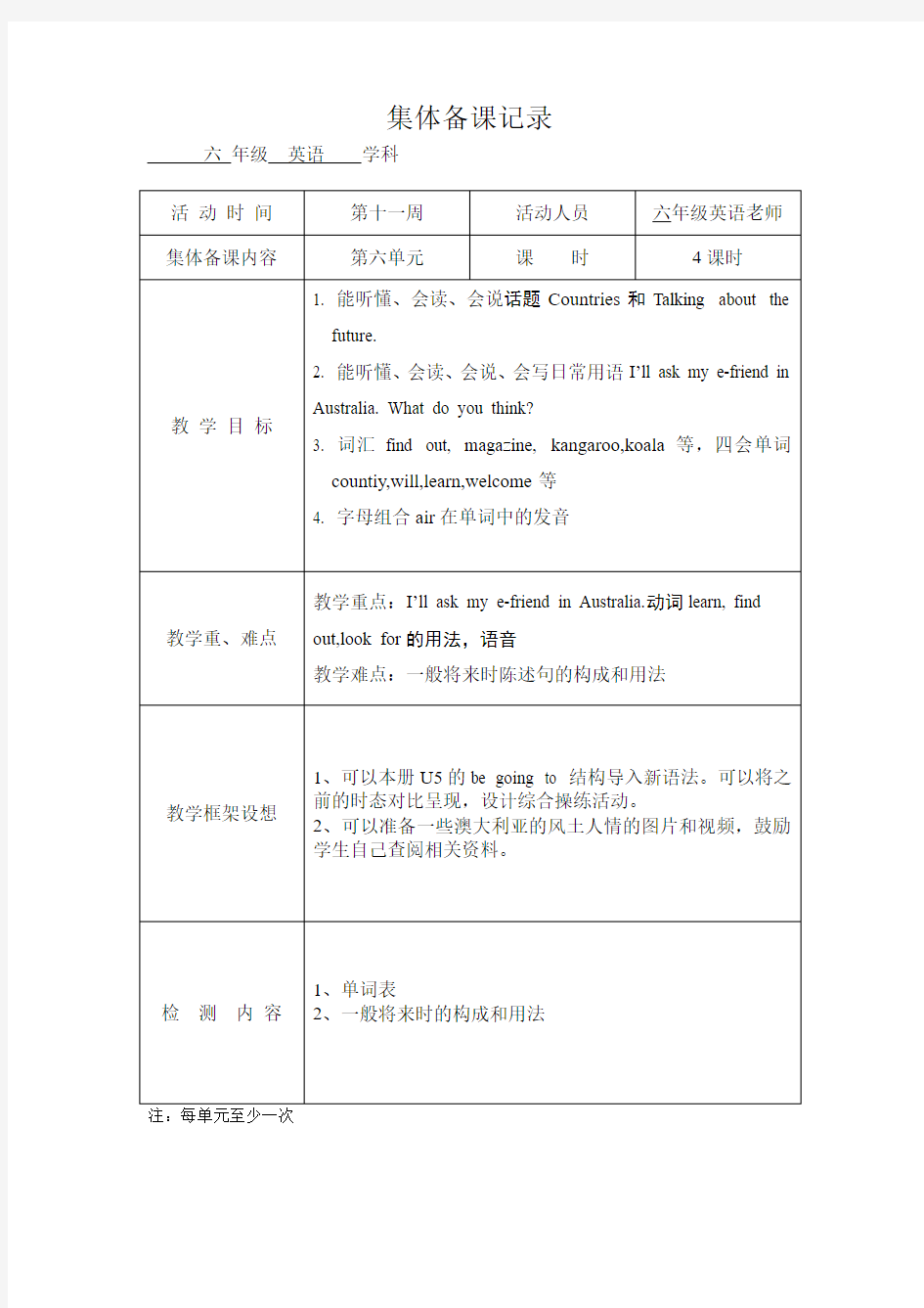 苏教译林版六年级英语下册第六单元集体备课记录