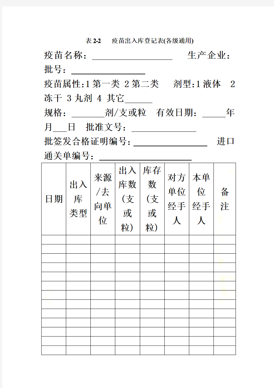 疫苗出入库登记表(各级通用)