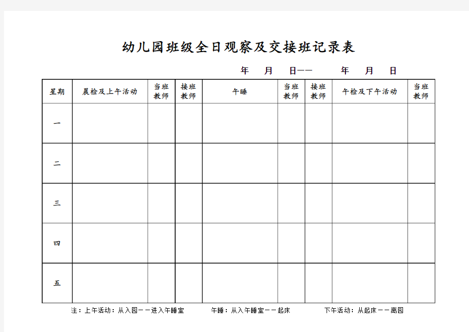 幼儿园班级全日观察及交接班记录表