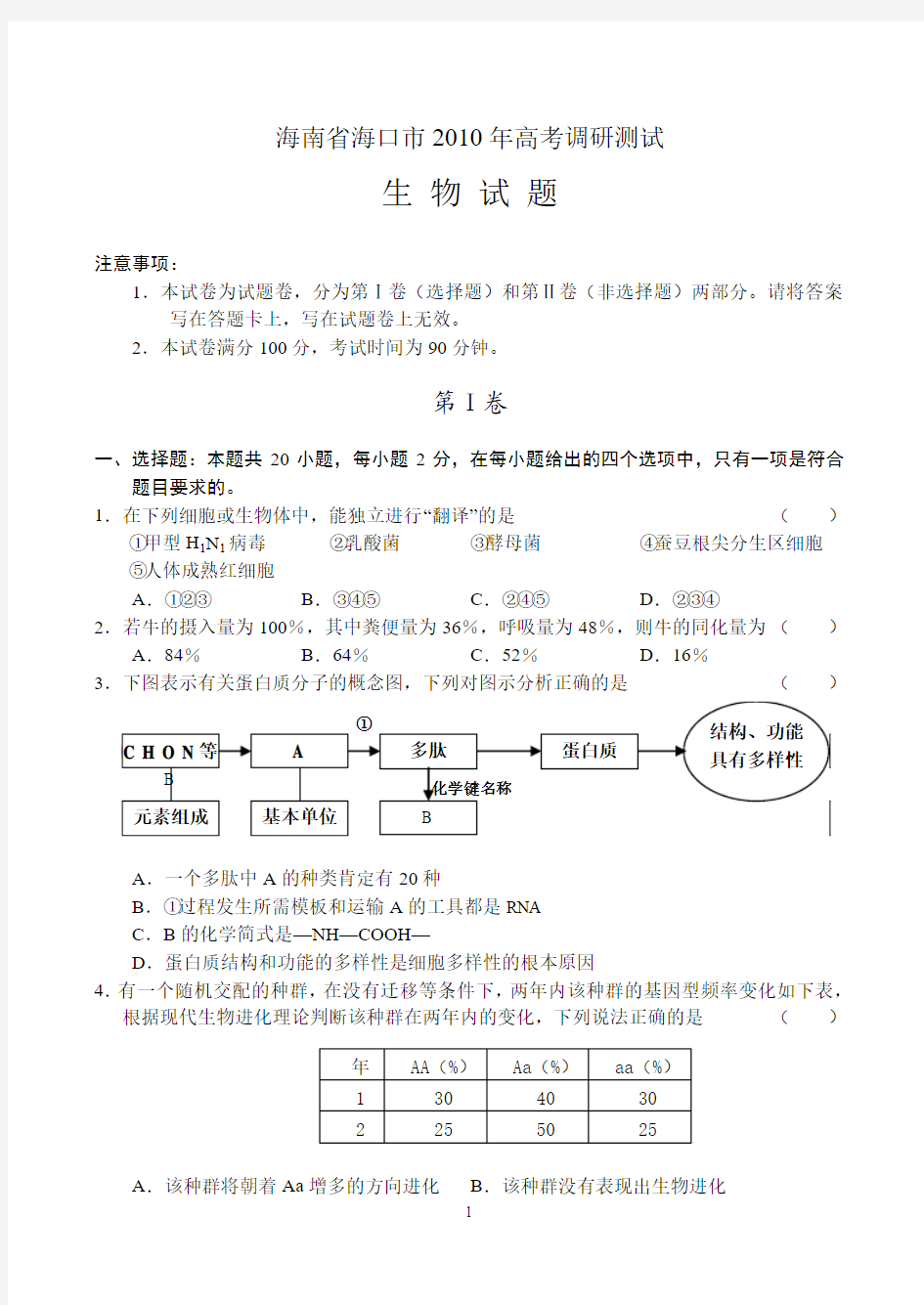 海南省海口市2010年高考调研测试