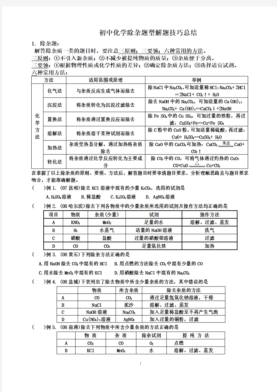 初中化学除杂题型解题技巧总结