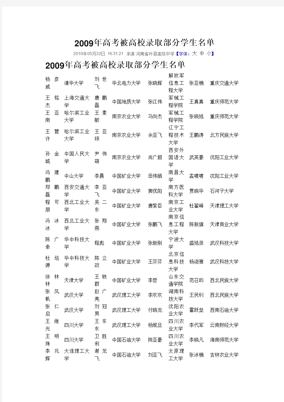 叶县高中2009年高考被高校录取部分学生名单