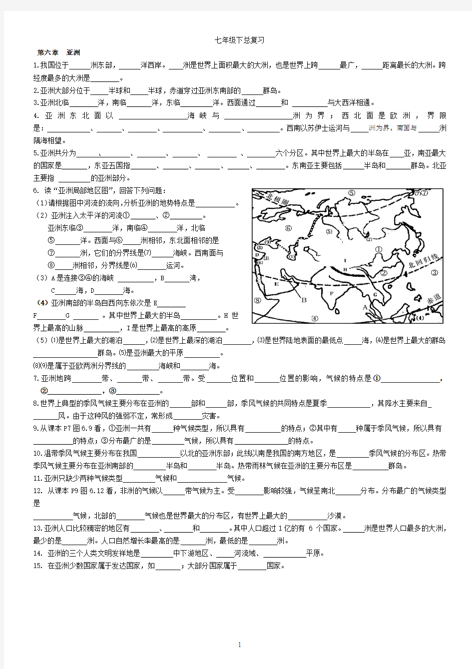 2015-2016年七年级地理下册知识填空题(人教版)