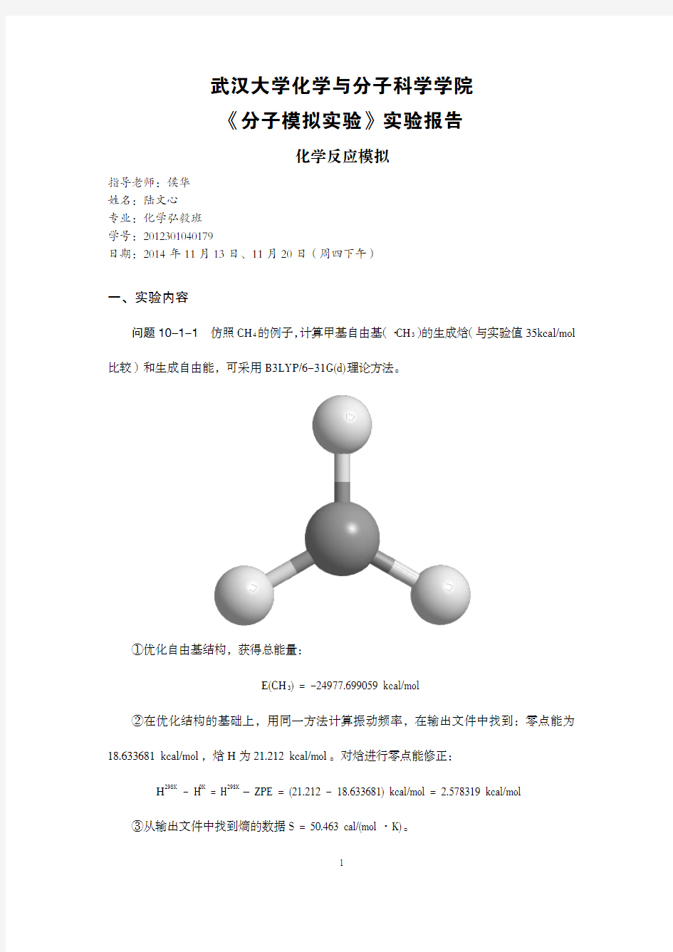 武汉大学分子模拟实验第十章化学反应模拟