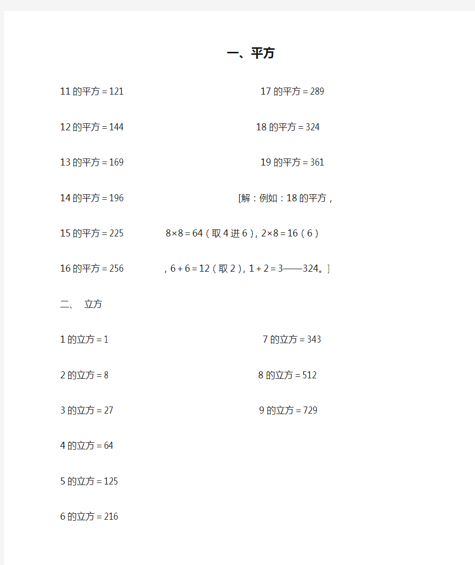 常用数的平方和立方