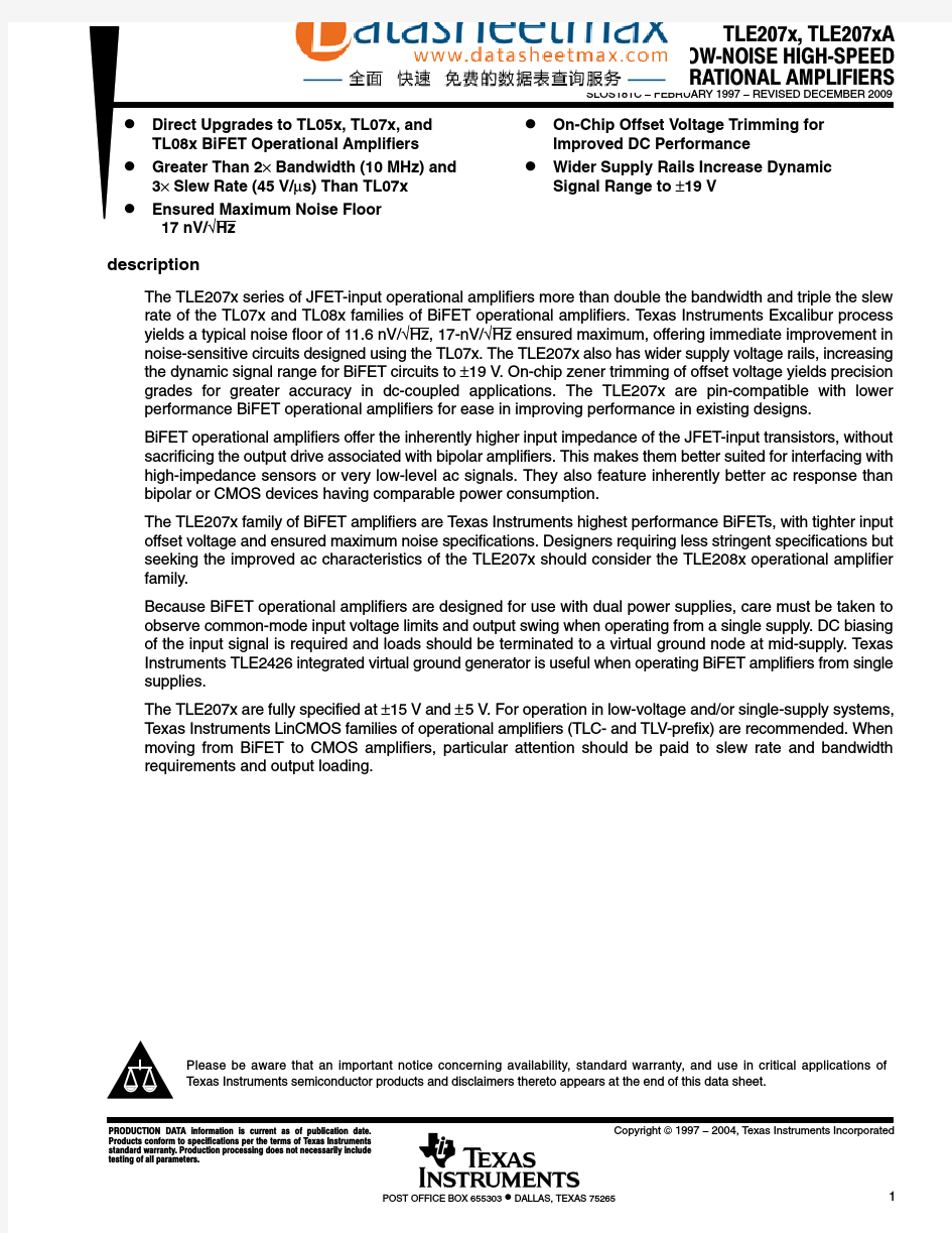 IC datasheet pdf-TLE2074,pdf(Excalibur Low-Noise High-Speed JFET-Input Op Amps)