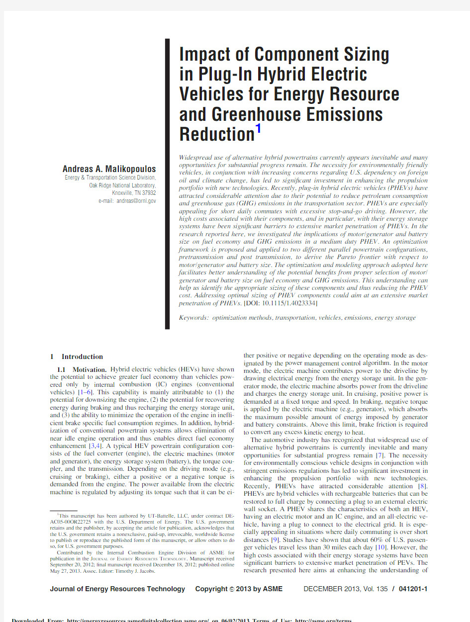Plug-In Hybrid Electric Vehicles for Energy Resource and Greenhouse Emissions Reduction