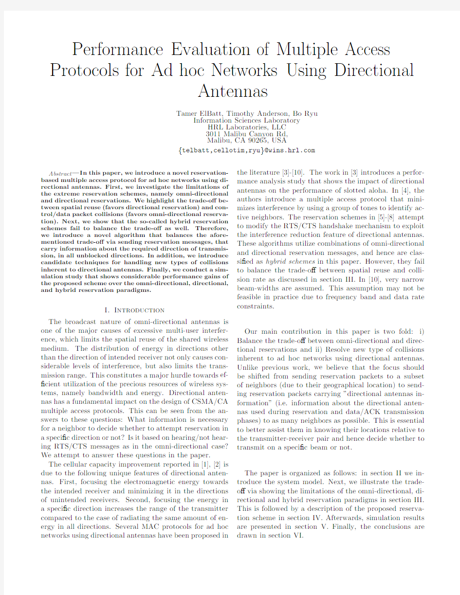 Performance Evaluation of Multiple Access Protocols for Ad hoc Networks Using Directional A