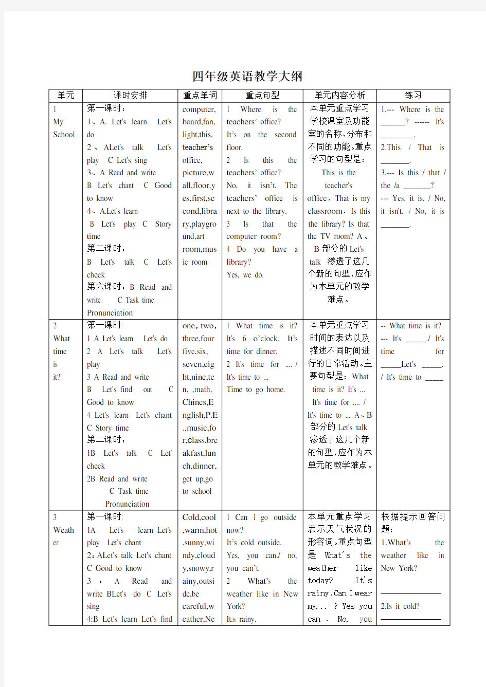 四年级英语教学大纲