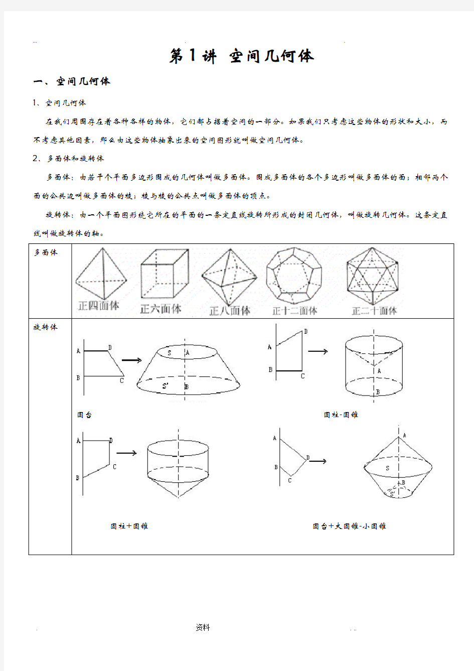 高中数学必修2《空间几何体》知识点