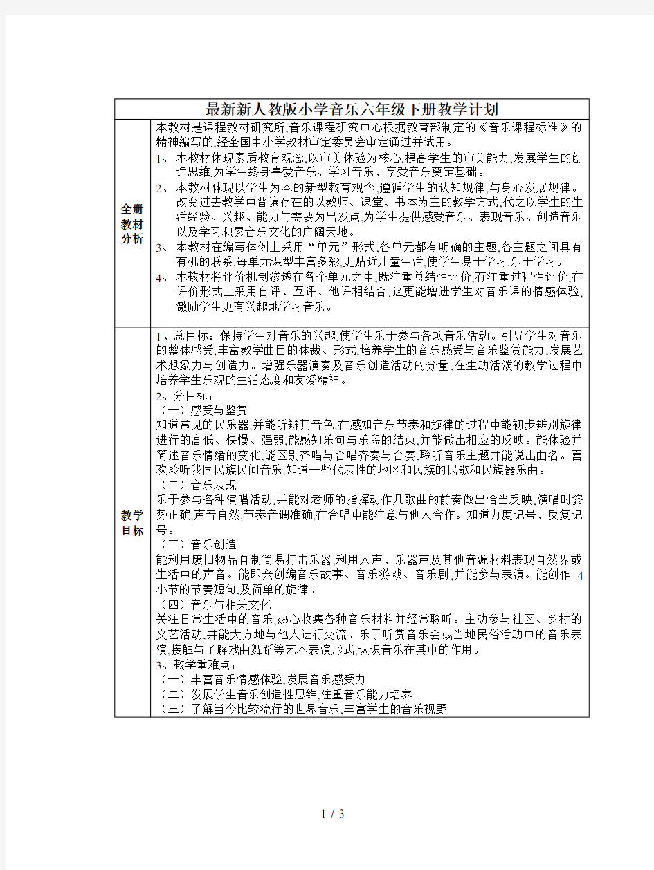 最新新人教版小学音乐六年级下册教学计划