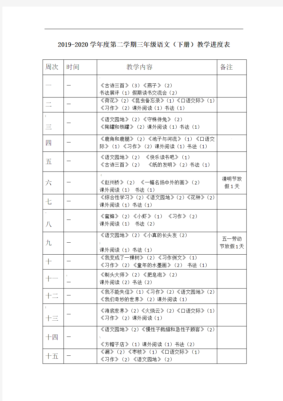 【部编版】三年级下册语文教学进度表