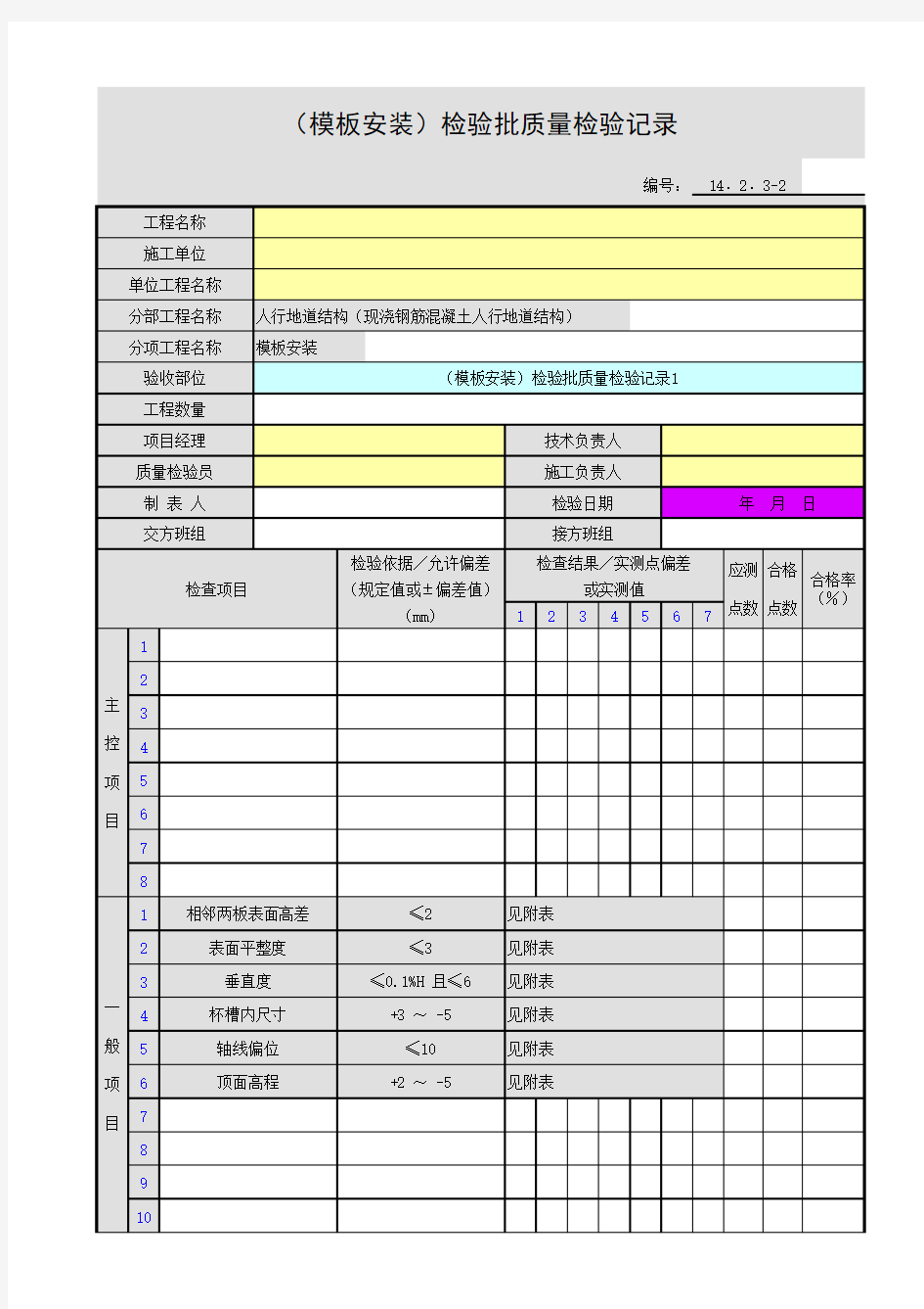 (模板安装)检验批质量检验记录