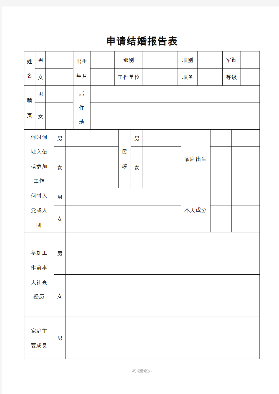 军人申请结婚报告表