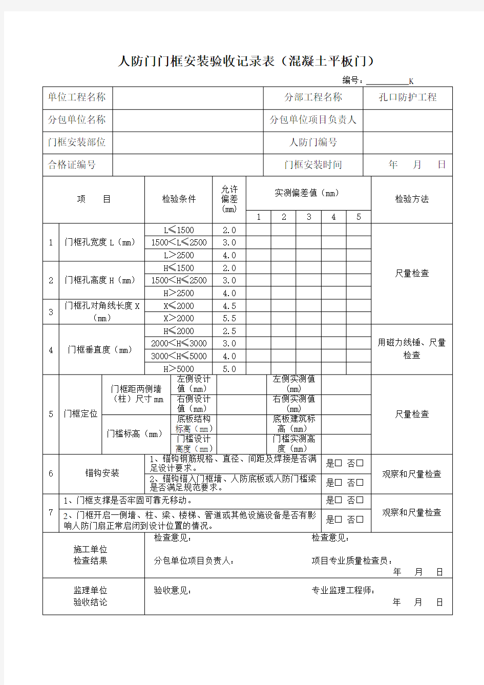 人防门门框安装验收记录表(混凝土平板门)