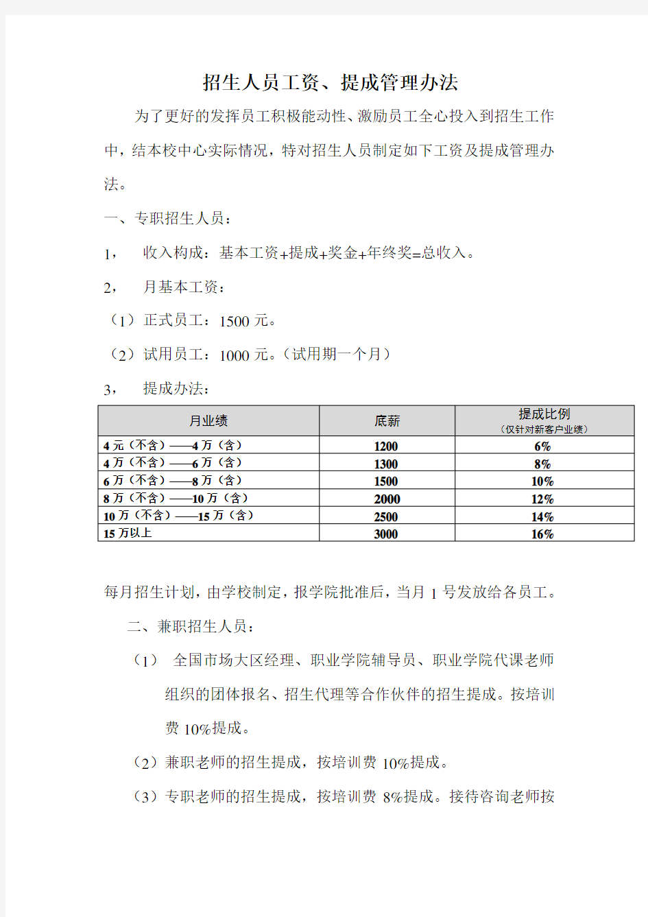 招生人员工资、提成办法(美佳)