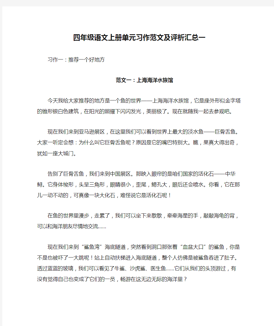 小学四年级语文上册单元习作范文及评析汇总一