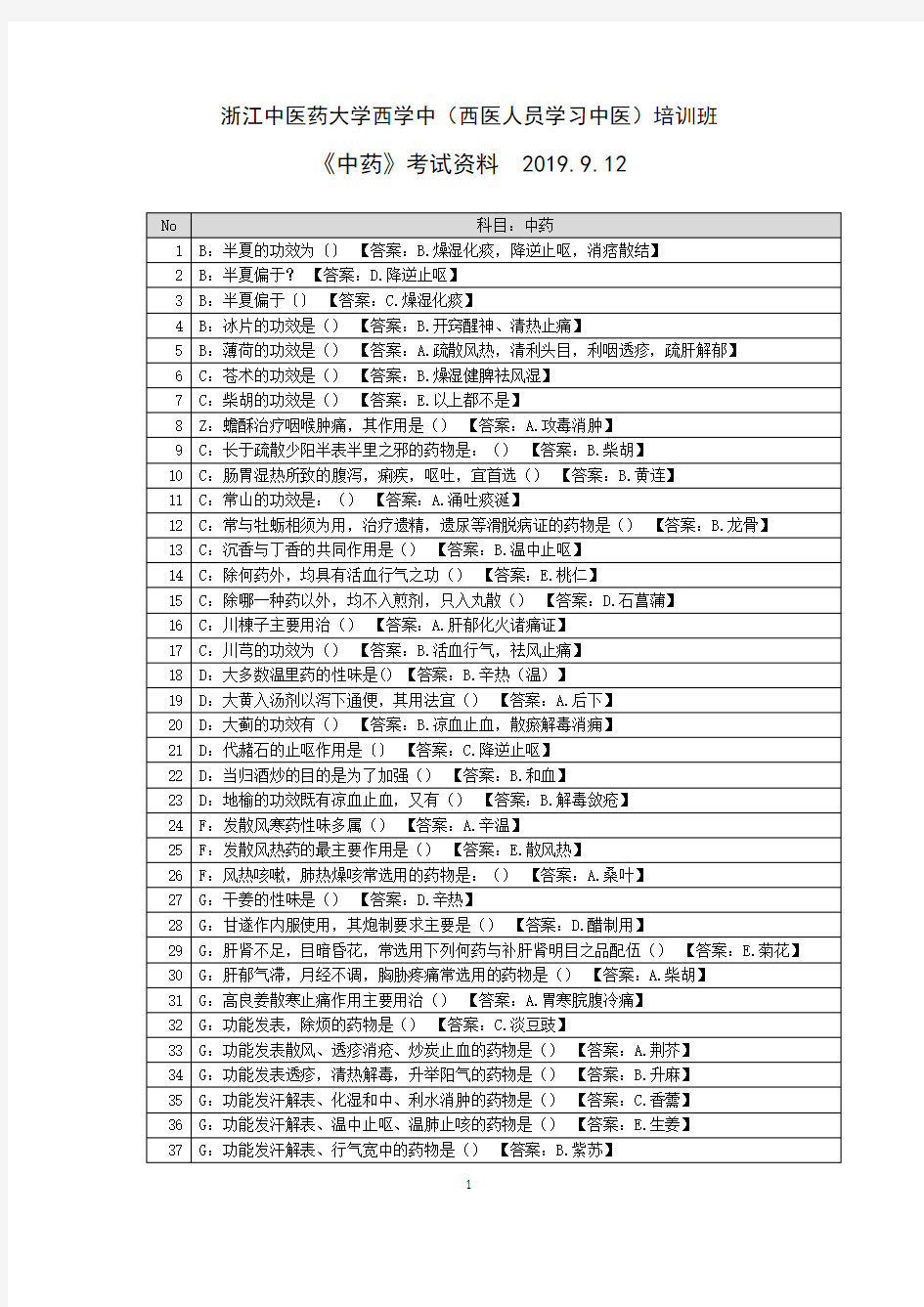 浙江中医药大学西学中(西医人员学习中医)培训班《中药》考试资料