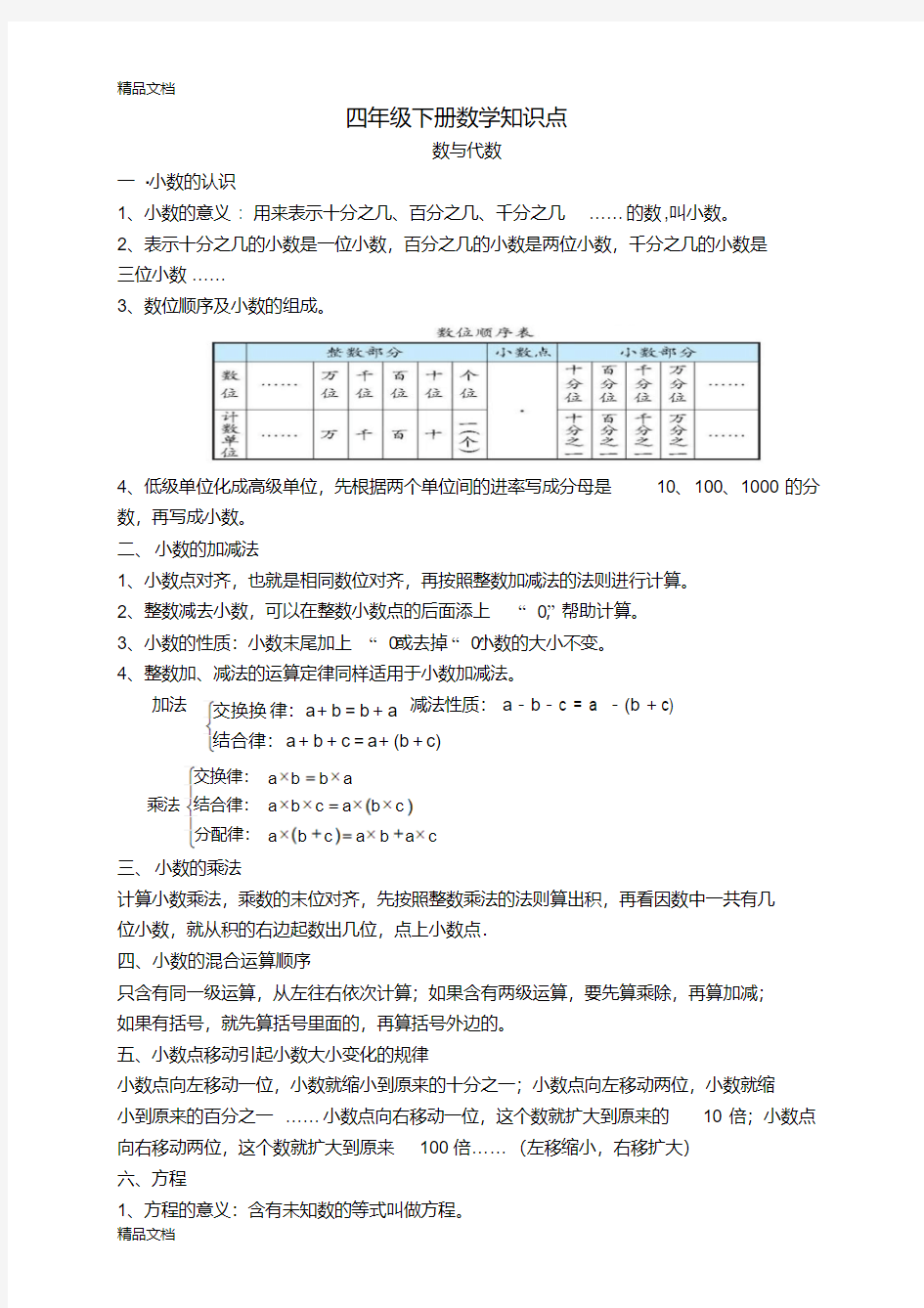 最新新北师大版四年级下册数学知识点