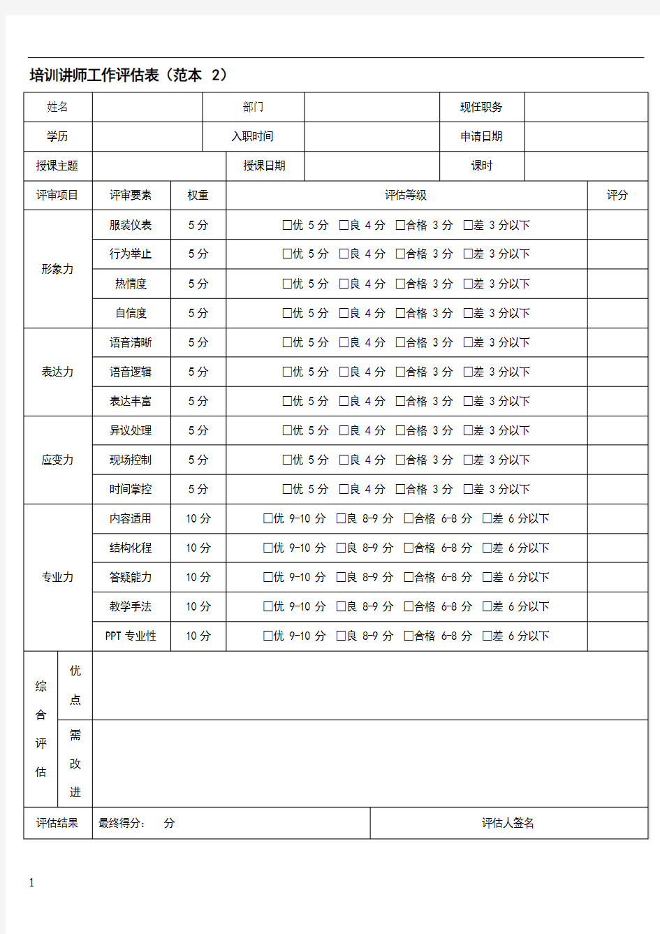 培训讲师工作评估表