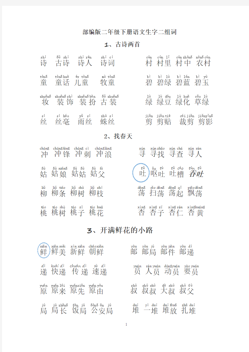 2018年部编版小学二年级语文下册生字组词(全册)