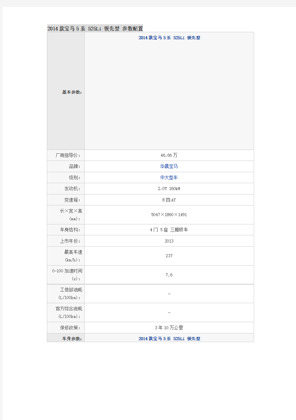 2014款宝马5系 525Li 领先型 参数配置