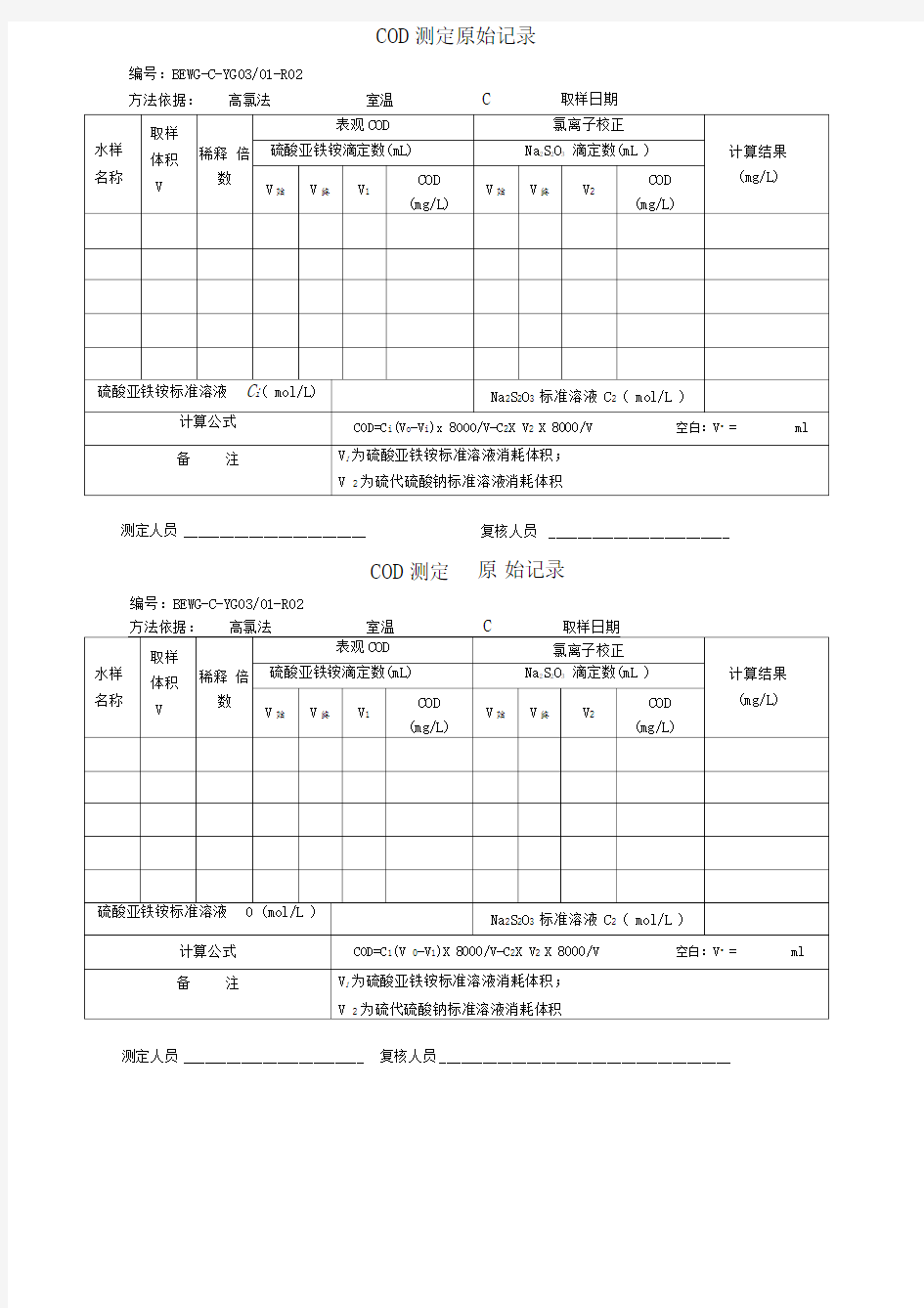 水务有限公司COD测定原始记录(高氯法)