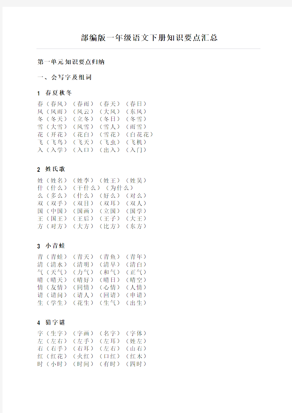 (完整版)部编版一年级语文下册知识要点汇总