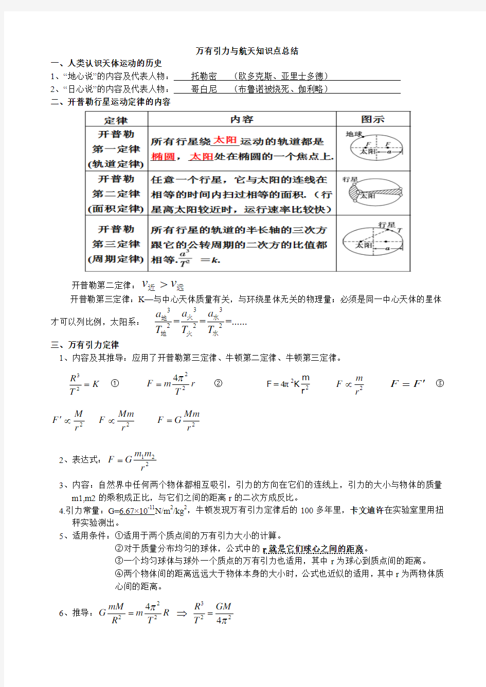 高一物理必修二第六章《万有引力与航天》知识点总结