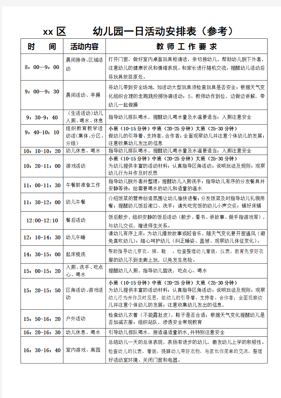 xx幼儿园一日活动流程表(范例)