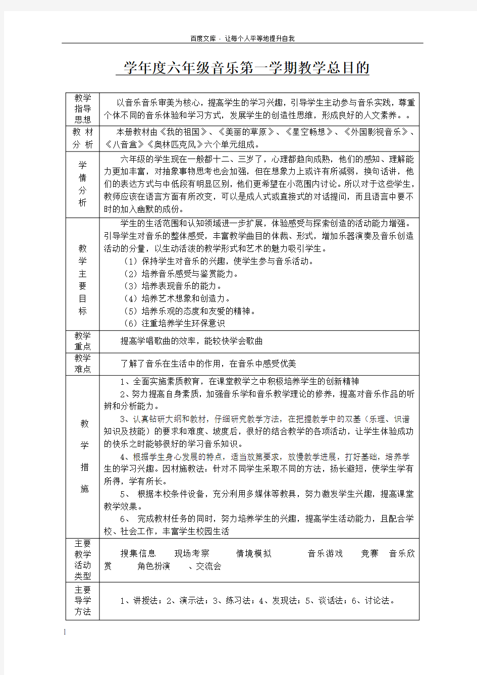 新编人教版小学六年级上册音乐教案[全册]