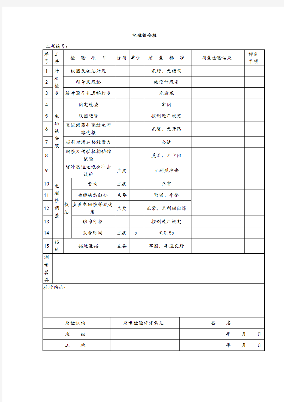 电磁铁安装质量检验表