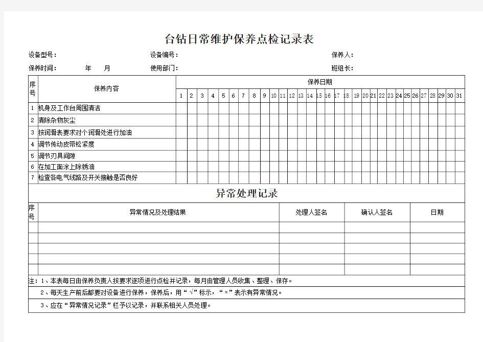 完整word版,台钻日常维护保养点检记录表