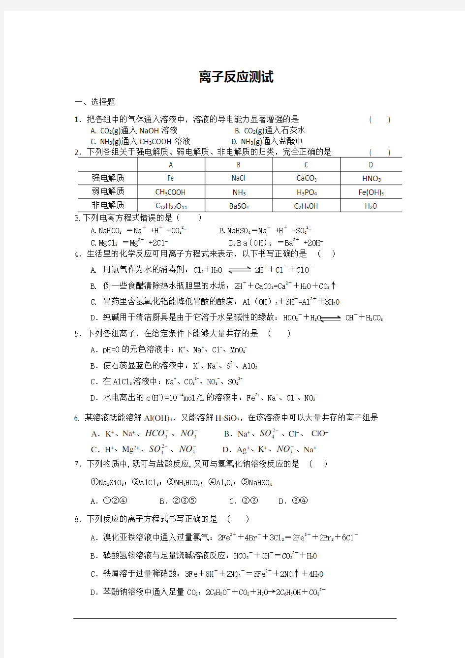 (完整版)高三离子反应练习题