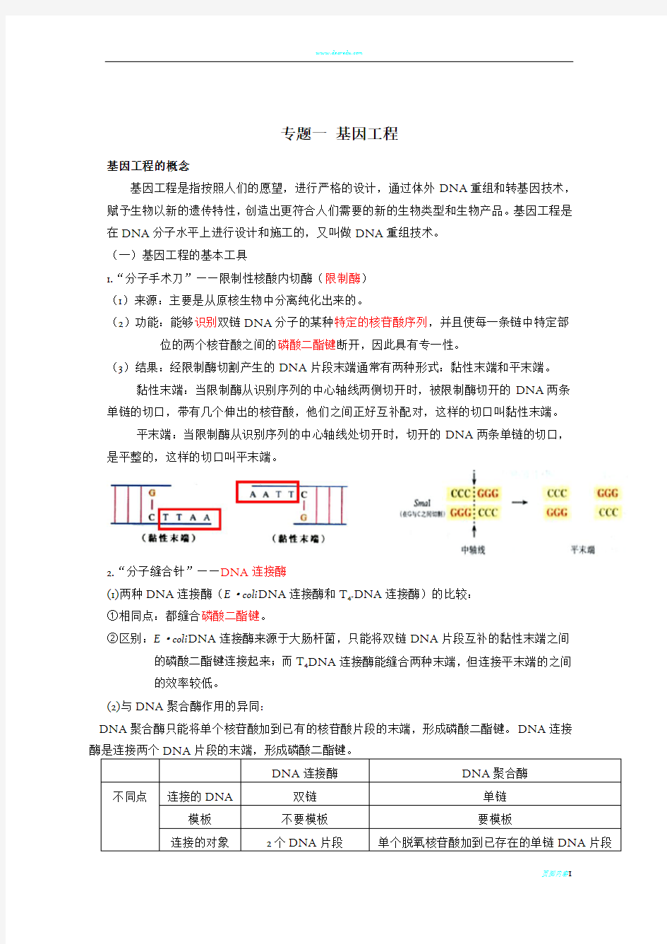 高中生物选修三专题一基因工程知识点