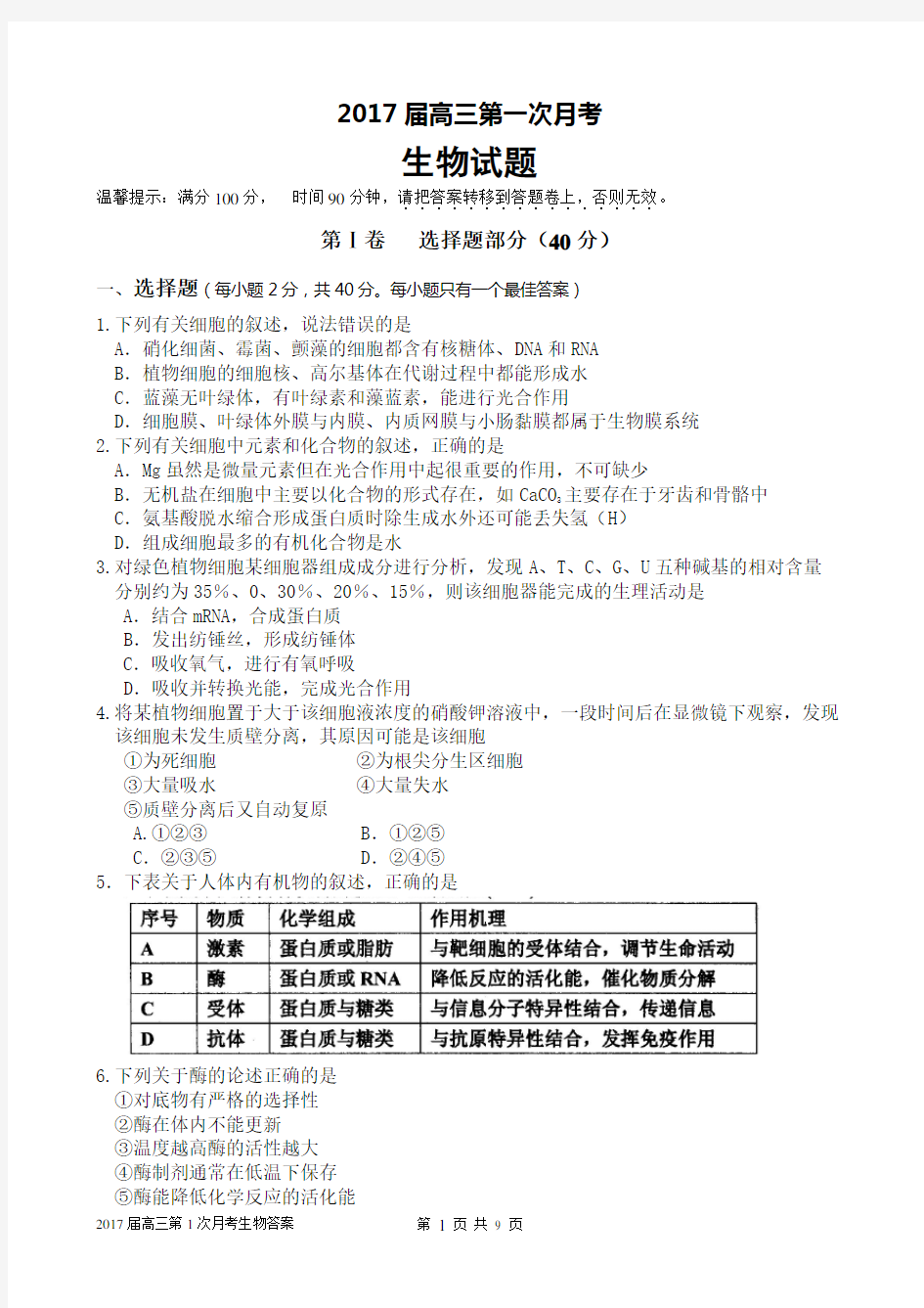 2017届百校联盟高三生物试卷分析