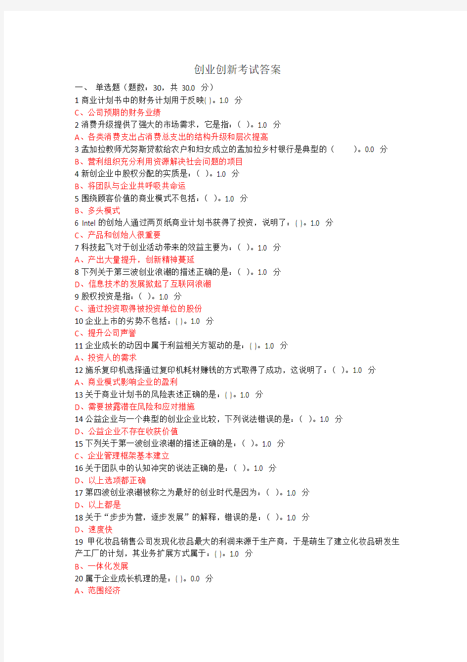 2016创业创新考试答案