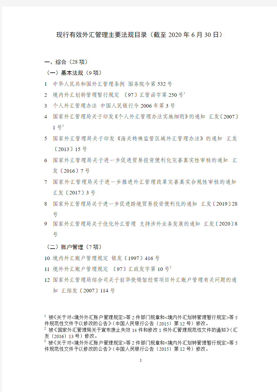 现行有效外汇管理主要法规目录(截至2020年6月30日)