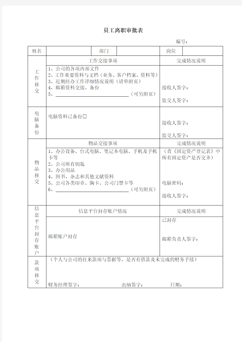 员工离职审批表模板