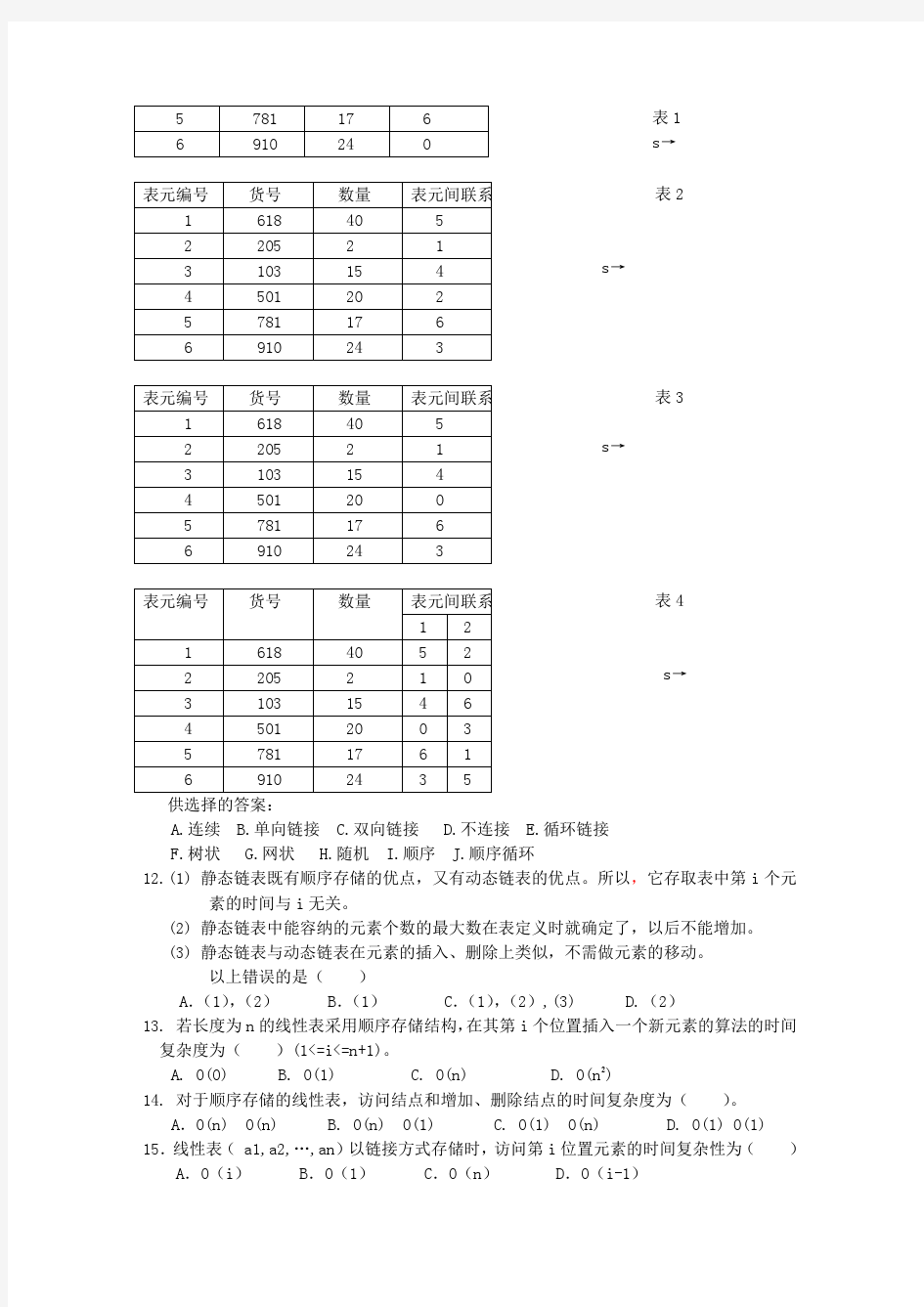 《数据结构》期末考试复习题 第2章 线性表