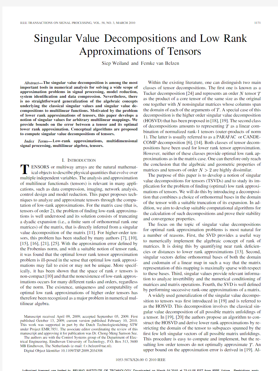 Singular Value Decompositions and Low Rank Approximations of Tensors