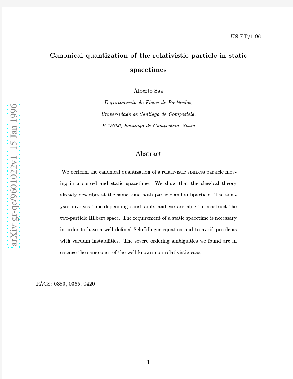 Canonical quantization of the relativistic particle in static spacetimes