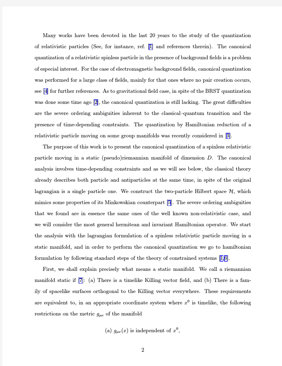 Canonical quantization of the relativistic particle in static spacetimes