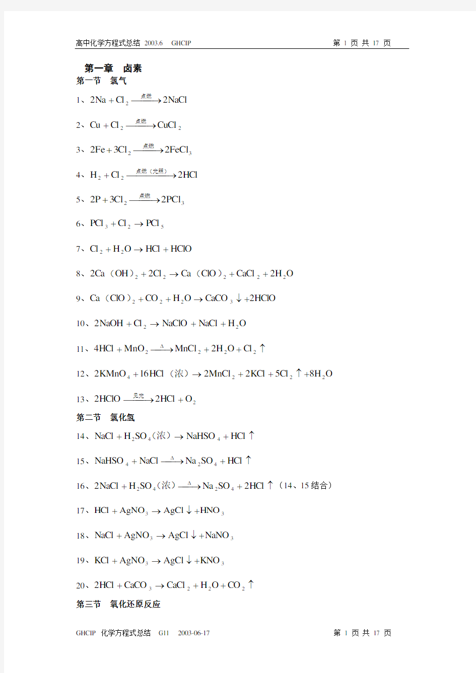 高中化学方程式大全(最最完整版)