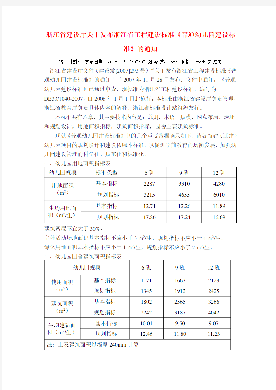 浙江省《普通幼儿园建设标准》面积指标