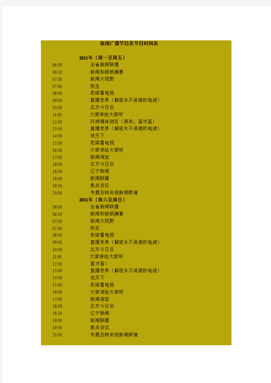辽宁广播节目表节目时间表