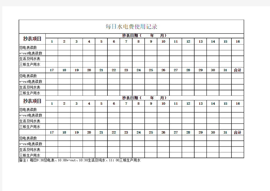 每日水电费使用记录表