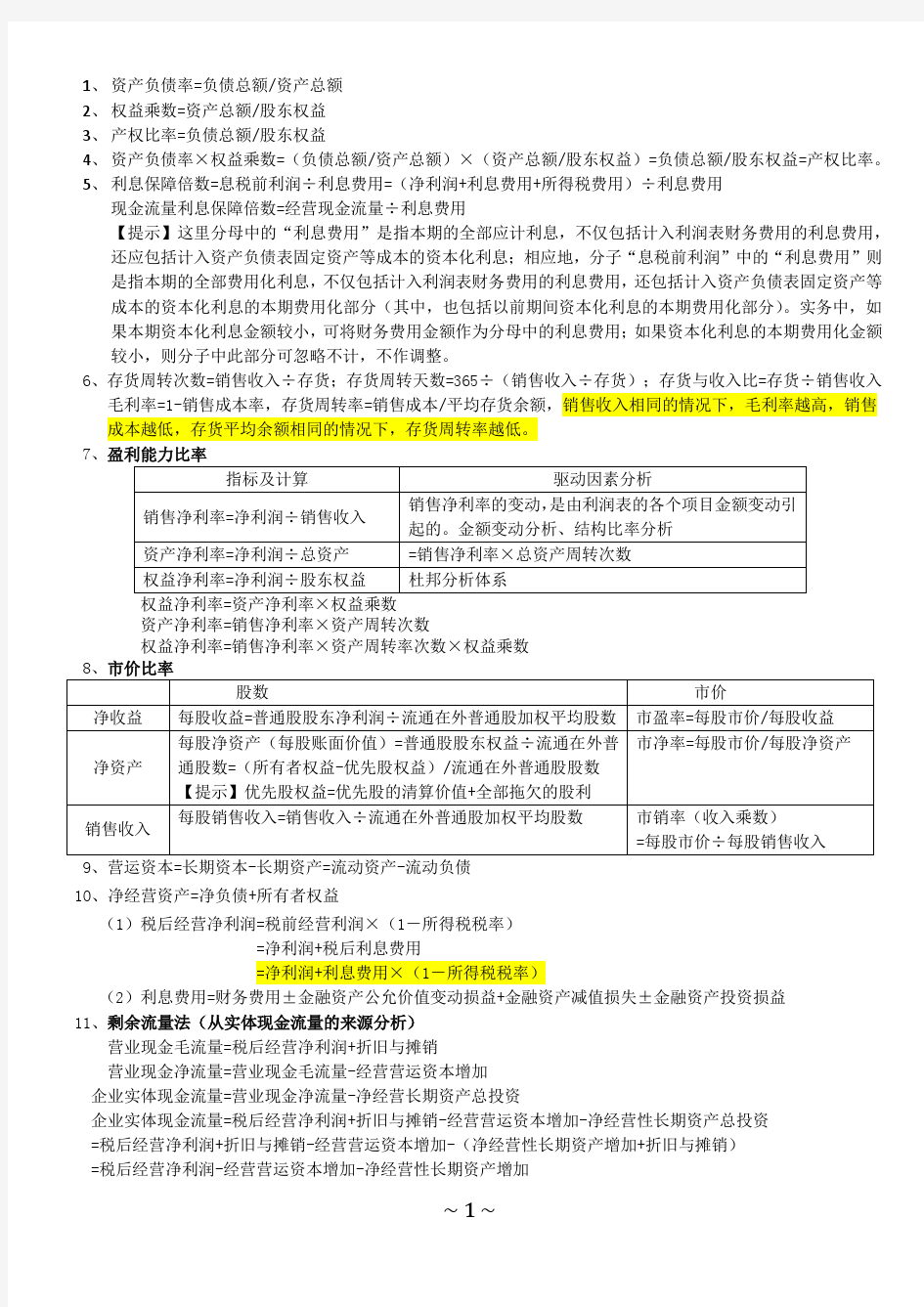 2012注册会计师财务管理公式