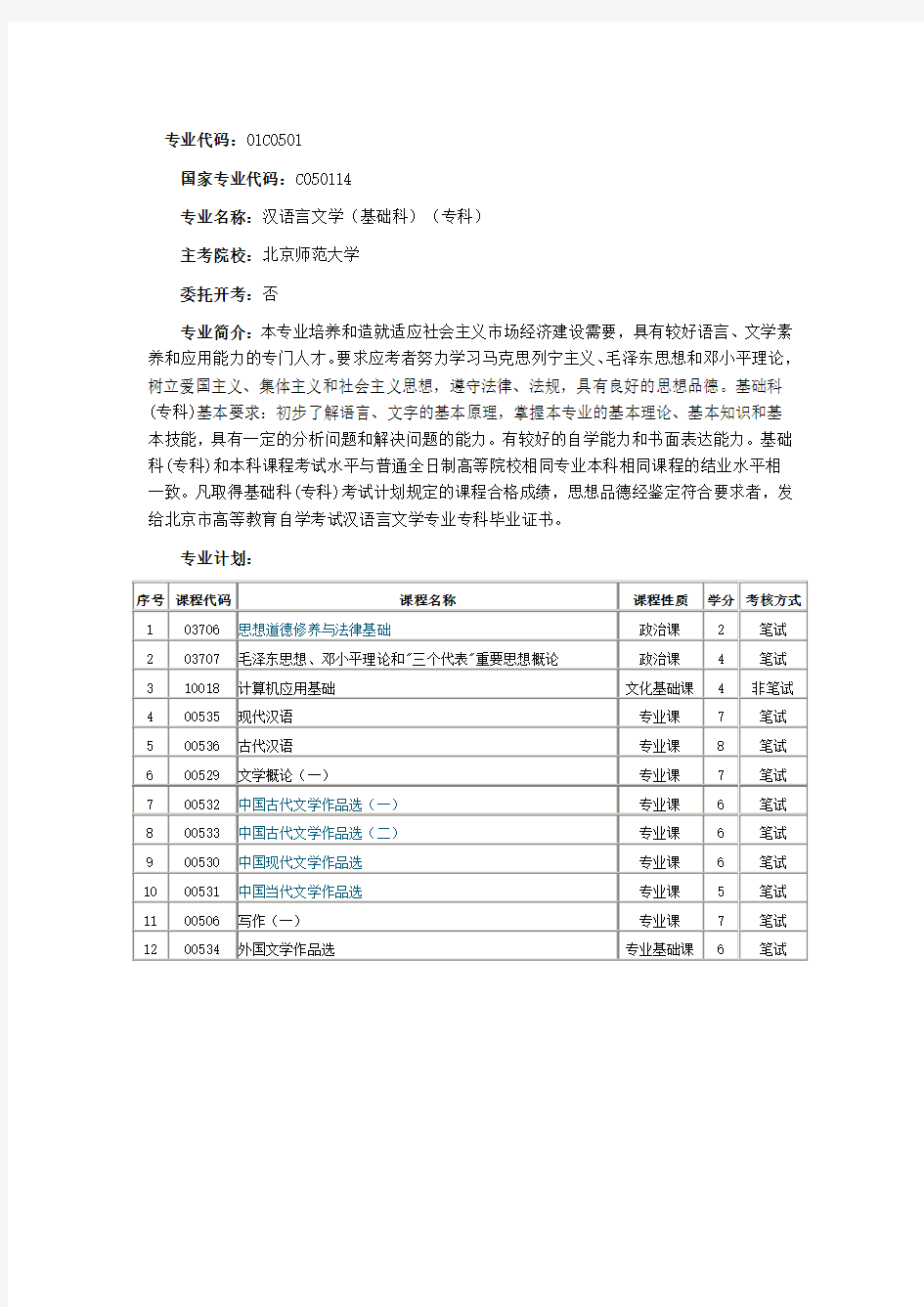 汉语言文学(专科)