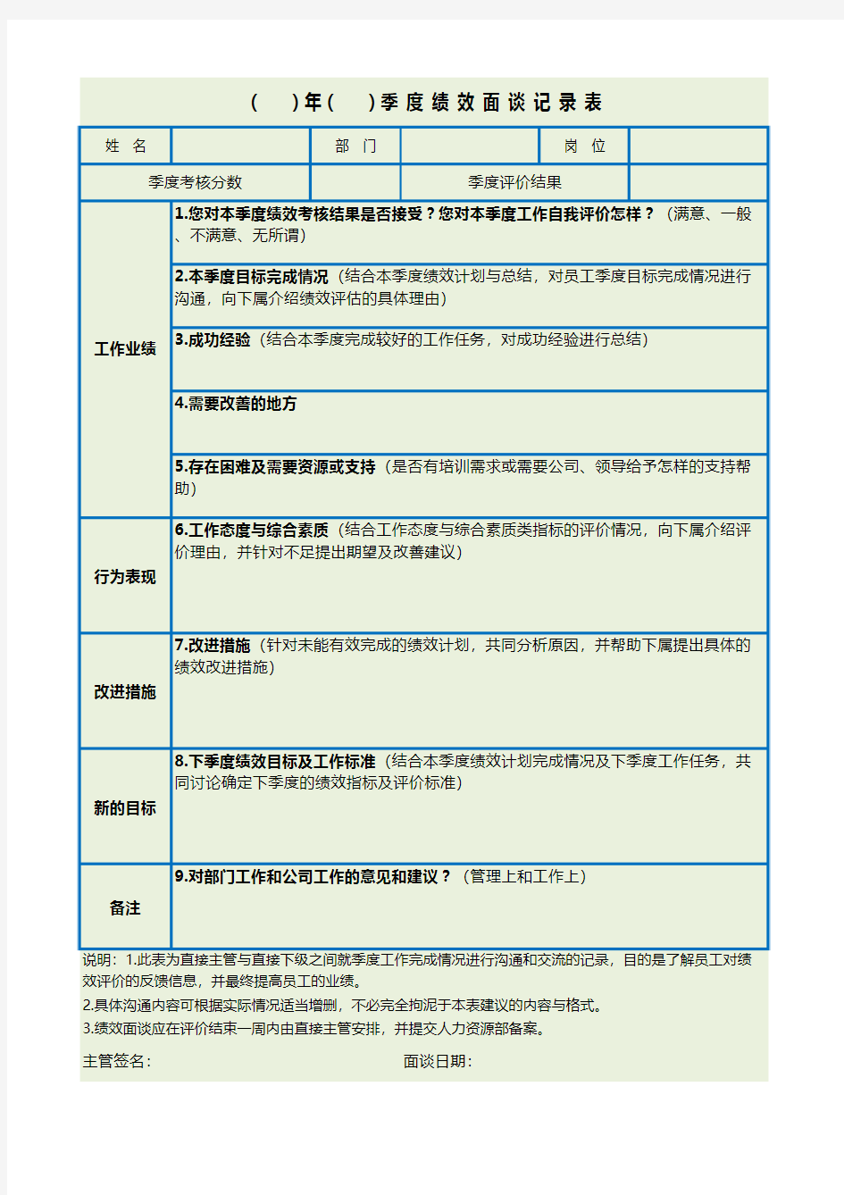 绩效面谈记录表